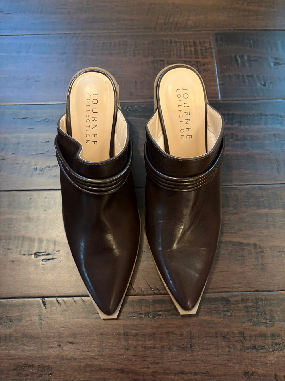 Journee Pointed Toe Mule chocolate Brown classy  neutral chunky block heel - Picture 2 of 10